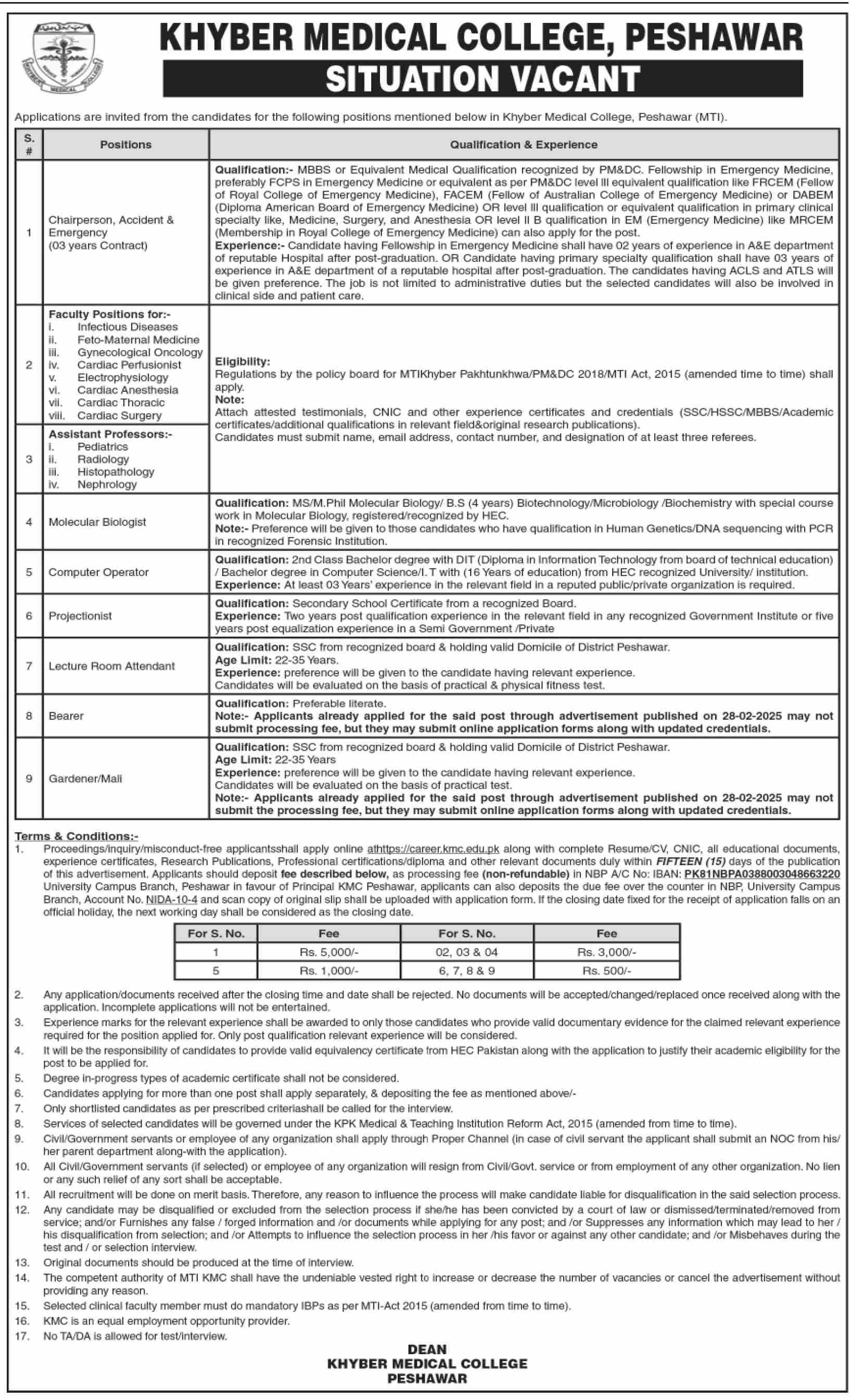 Jobs in Khyber Medical College Peshawar